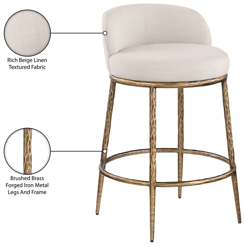 Pemberly Row Beige Linen Fabric Counter Stool with Brushed Brass Legs