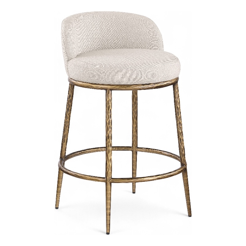 Pemberly Row Beige Linen Fabric Counter Stool with Brushed Brass Legs