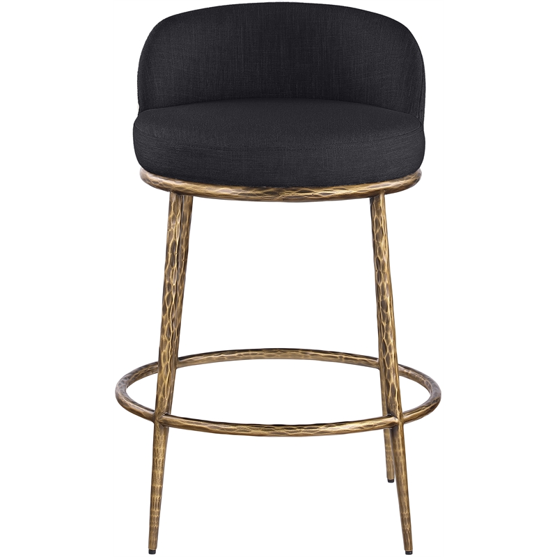 Pemberly Row Black Linen Fabric Counter Stool with Brushed Brass Legs