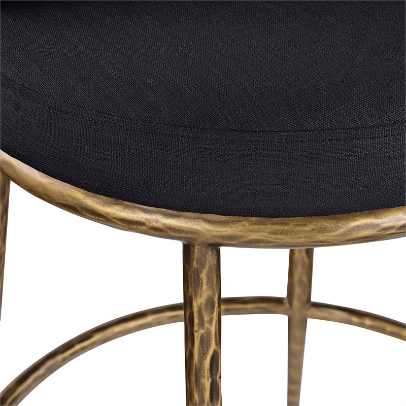 Pemberly Row Black Linen Fabric Counter Stool with Brushed Brass Legs