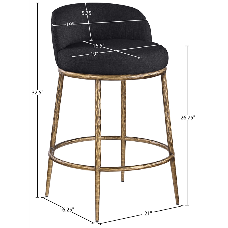 Pemberly Row Black Linen Fabric Counter Stool with Brushed Brass Legs