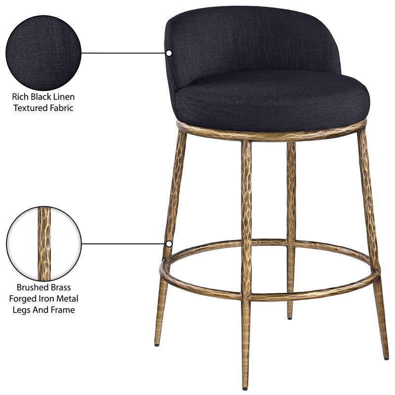 Pemberly Row Black Linen Fabric Counter Stool with Brushed Brass Legs