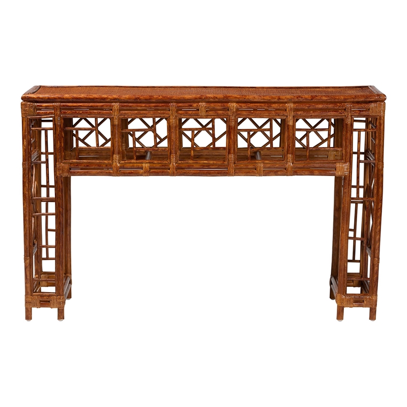 Pemberly Row Wahid Faux Tortoise Rattan Console Table in Elegant Design