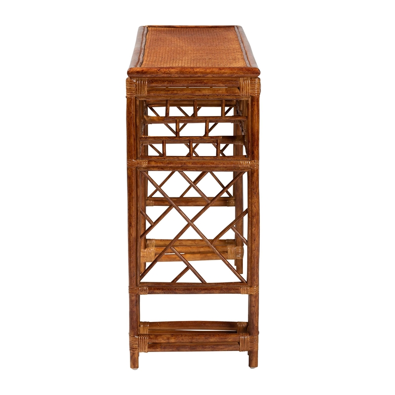 Pemberly Row Wahid Faux Tortoise Rattan Console Table in Elegant Design