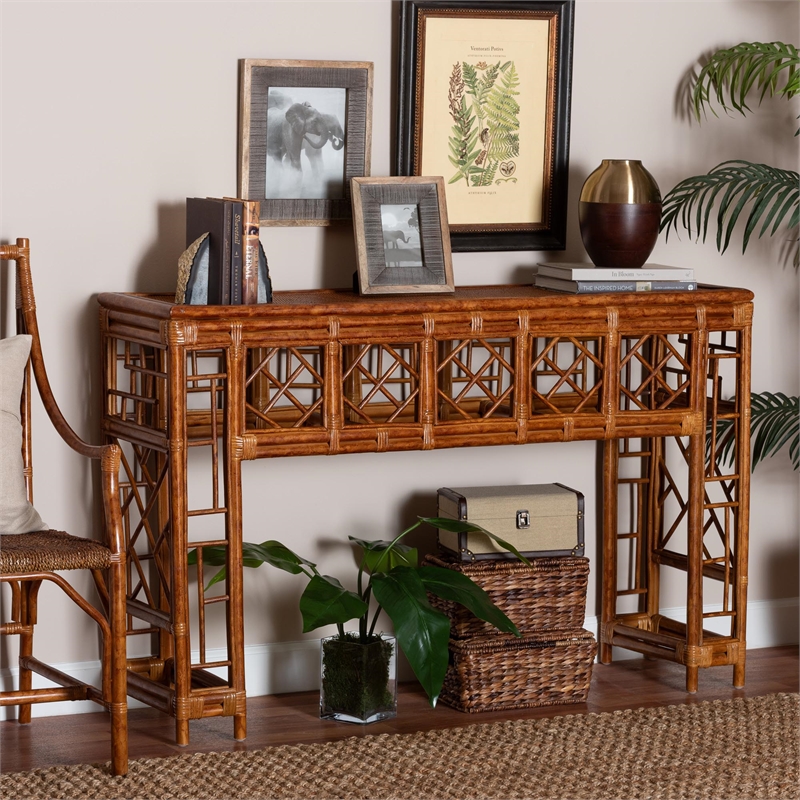 Pemberly Row Wahid Faux Tortoise Rattan Console Table in Elegant Design