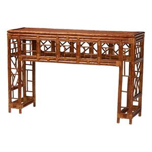 Pemberly Row Wahid Faux Tortoise Rattan Console Table in Elegant Design