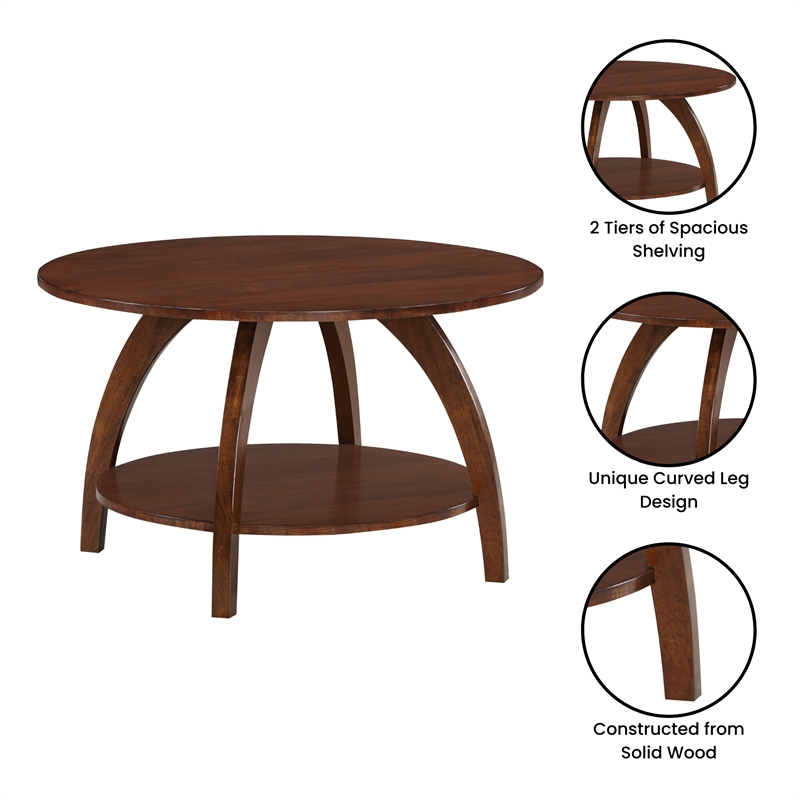 Pemberly Row Round Coffee Table with Shelf in Espresso Wood Finish