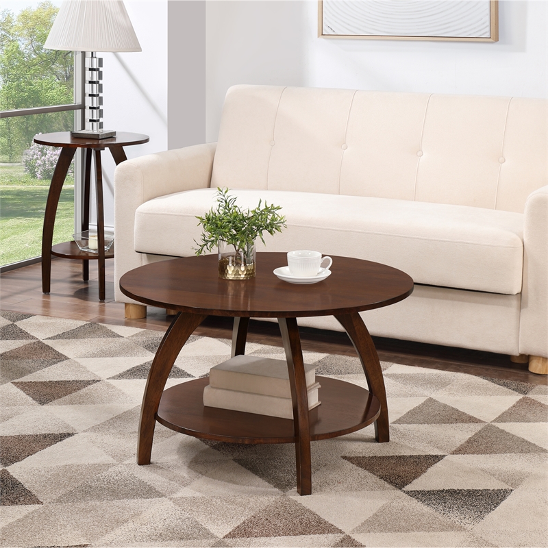 Pemberly Row Round Coffee Table with Shelf in Espresso Wood Finish
