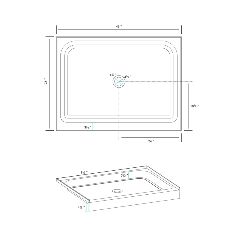 Pemberly Row 48x36 Plastic Shower Tray in Glossy White with Center Drain