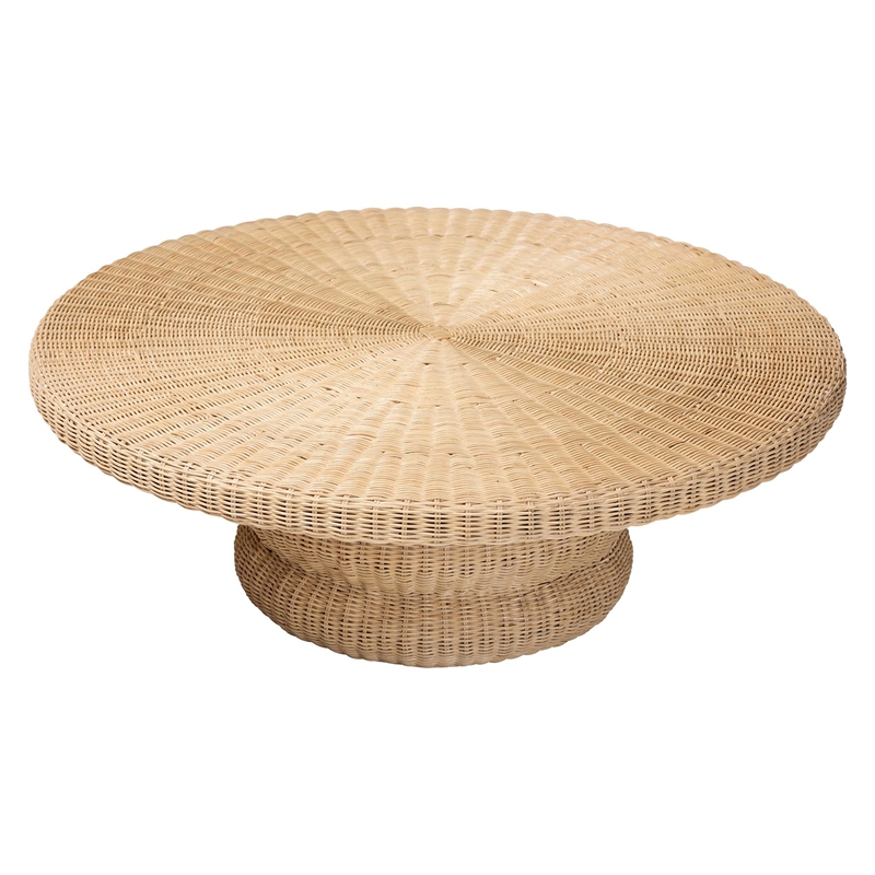 Pemberly Row Silvia Natural Rattan Coffee Table with Pedestal Base Bohemian
