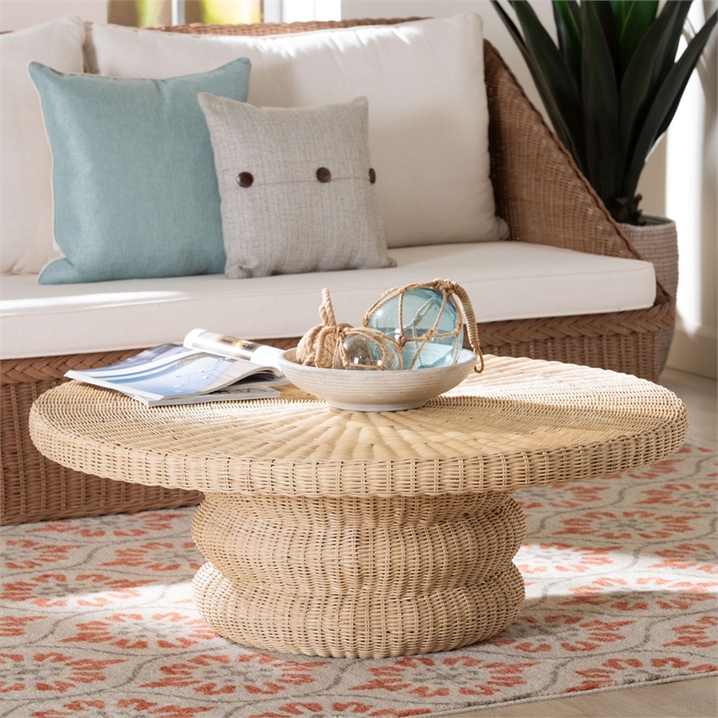 Pemberly Row Silvia Natural Rattan Coffee Table with Pedestal Base Bohemian