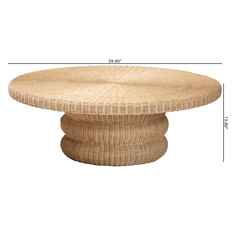 Pemberly Row Silvia Natural Rattan Coffee Table with Pedestal Base Bohemian