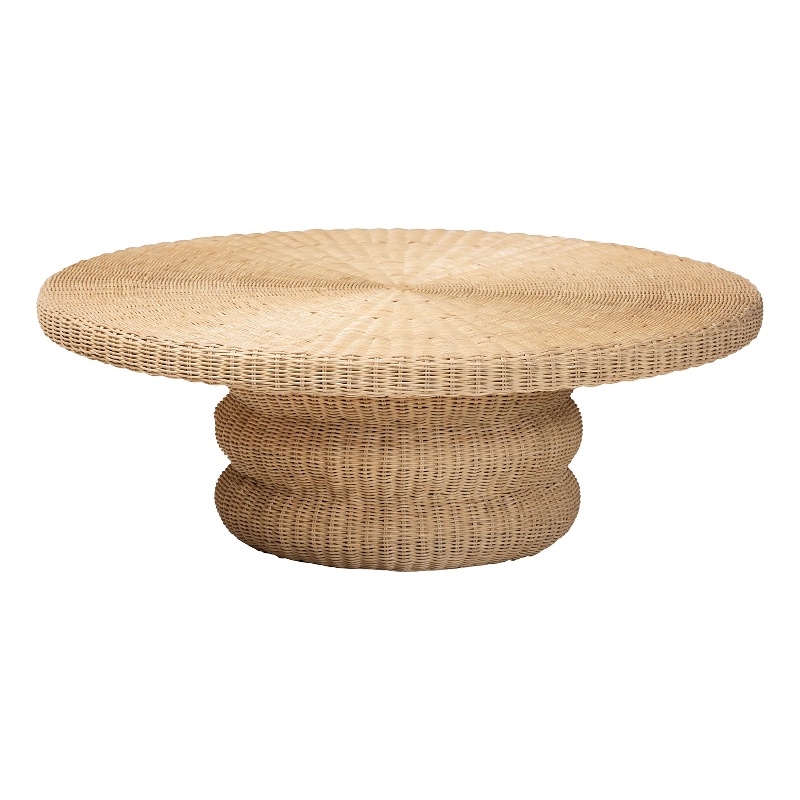 Pemberly Row Silvia Natural Rattan Coffee Table with Pedestal Base Bohemian