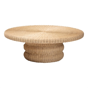 Pemberly Row Silvia Natural Rattan Coffee Table with Pedestal Base Bohemian
