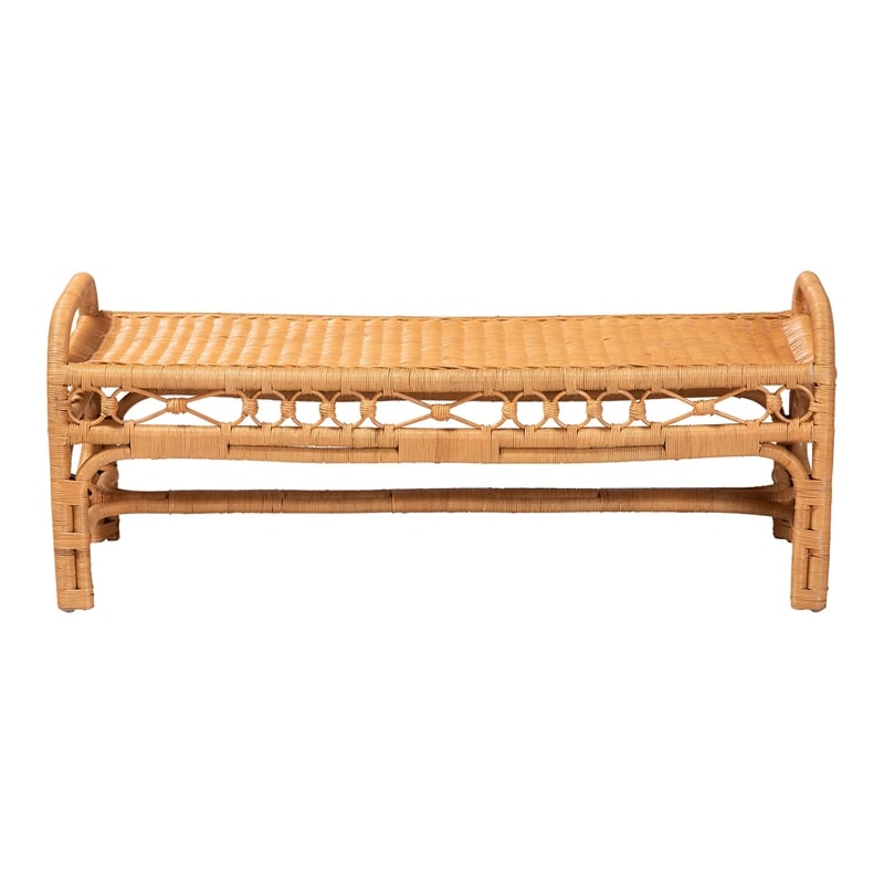 Pemberly Row Ayala Natural Rattan Accent Bench Handwoven Bohemian Seating