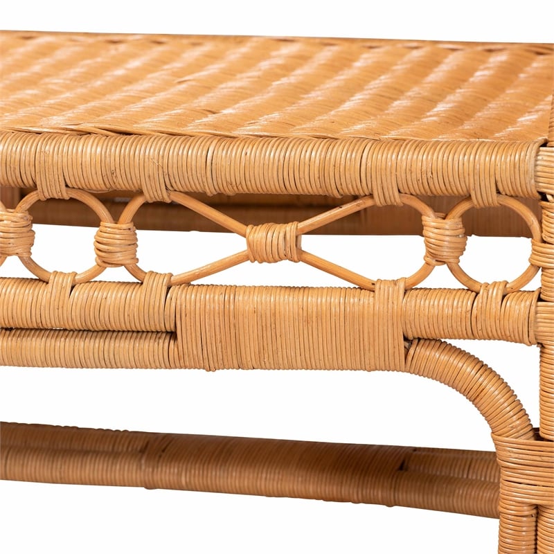 Pemberly Row Ayala Natural Rattan Accent Bench Handwoven Bohemian Seating