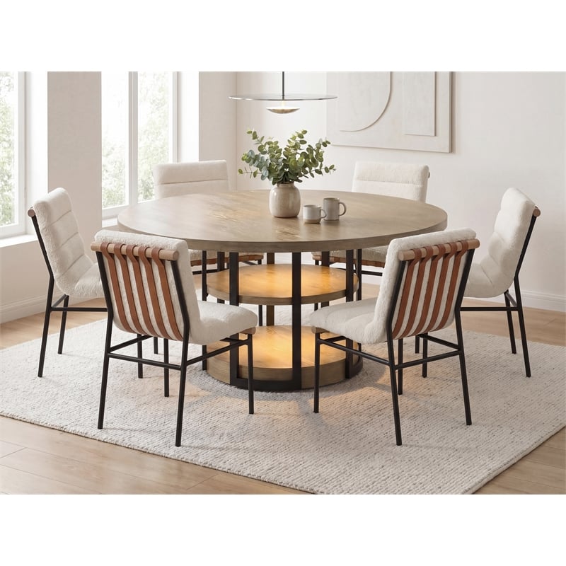 Pemberly Row 7-Piece Round Dining Table in Rustic Oak with Boucle Chairs
