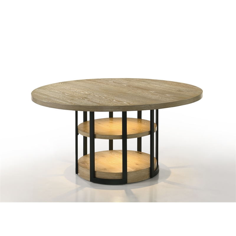 Pemberly Row 7-Piece Round Dining Table in Rustic Oak with Boucle Chairs
