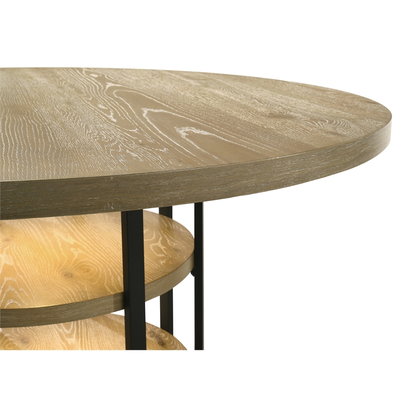 Pemberly Row 7-Piece Round Dining Table in Rustic Oak with Boucle Chairs