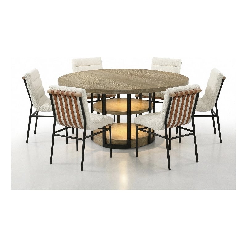 Pemberly Row 7-Piece Round Dining Table in Rustic Oak with Boucle Chairs