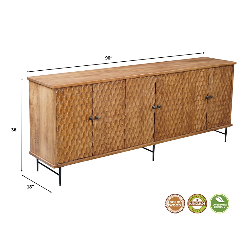Pemberly Row Mason Solid Wood Sideboard with Geometric Pattern in Brown