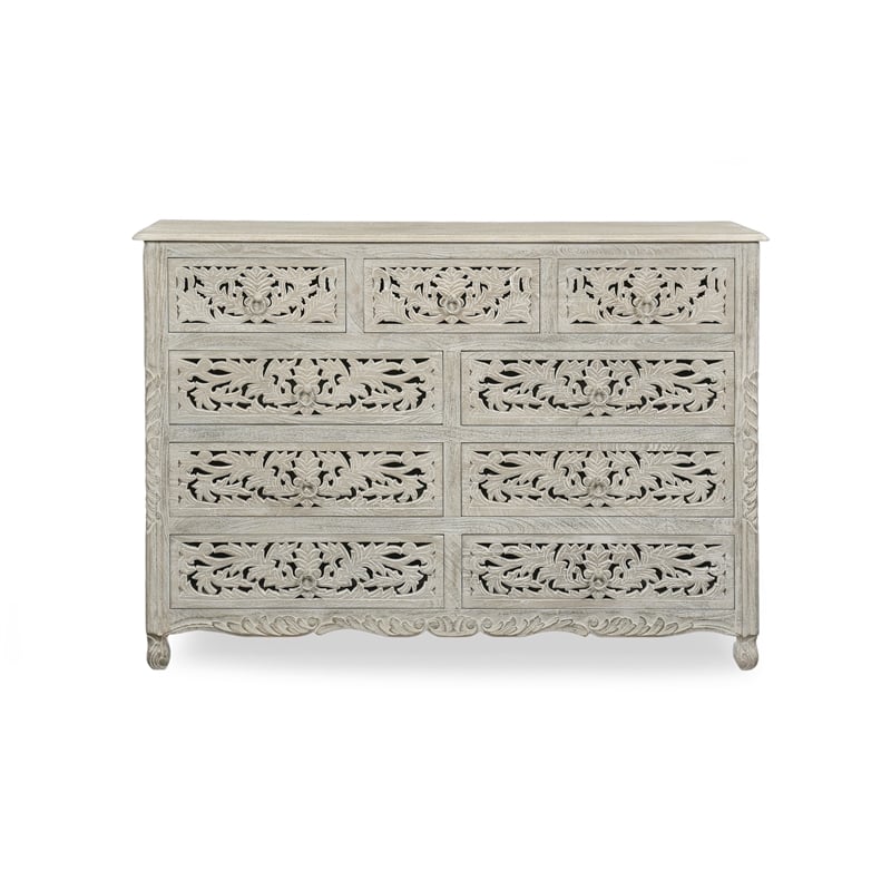 Pemberly Row Farmhouse 9-Drawer Solid Wood Dresser with Floral Carved Details