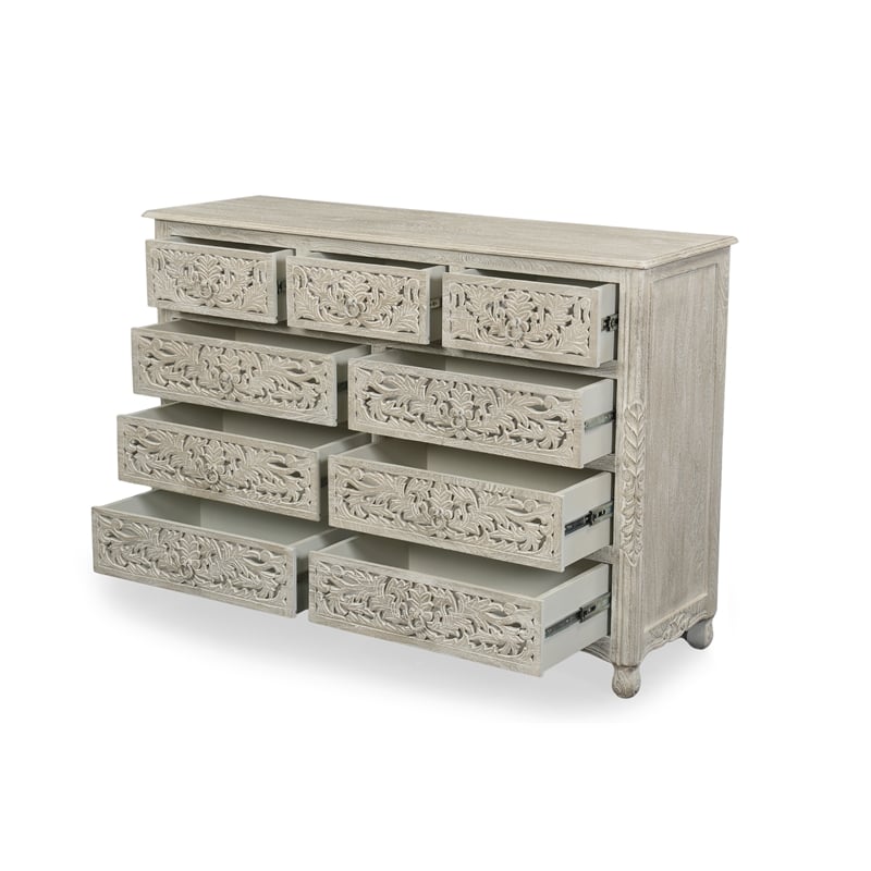 Pemberly Row Farmhouse 9-Drawer Solid Wood Dresser with Floral Carved Details