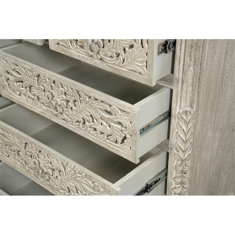Pemberly Row Farmhouse 9-Drawer Solid Wood Dresser with Floral Carved Details