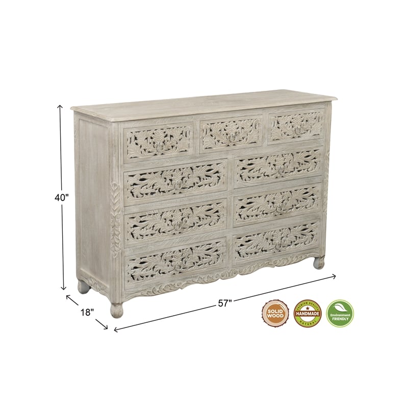 Pemberly Row Farmhouse 9-Drawer Solid Wood Dresser with Floral Carved Details