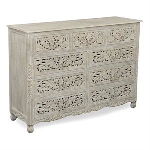 Pemberly Row Farmhouse 9-Drawer Solid Wood Dresser with Floral Carved Details