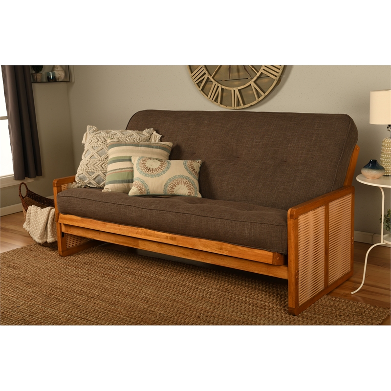 Pemberly Row Full-Size Wood Futon Set in Honey Finish with Cocoa Mattress