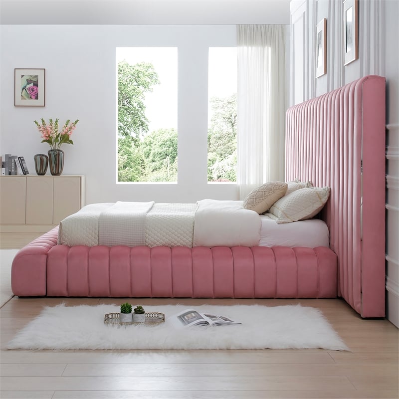 Pemberly Row Velvet Upholstered Queen Platform Bed with Wings in Pink