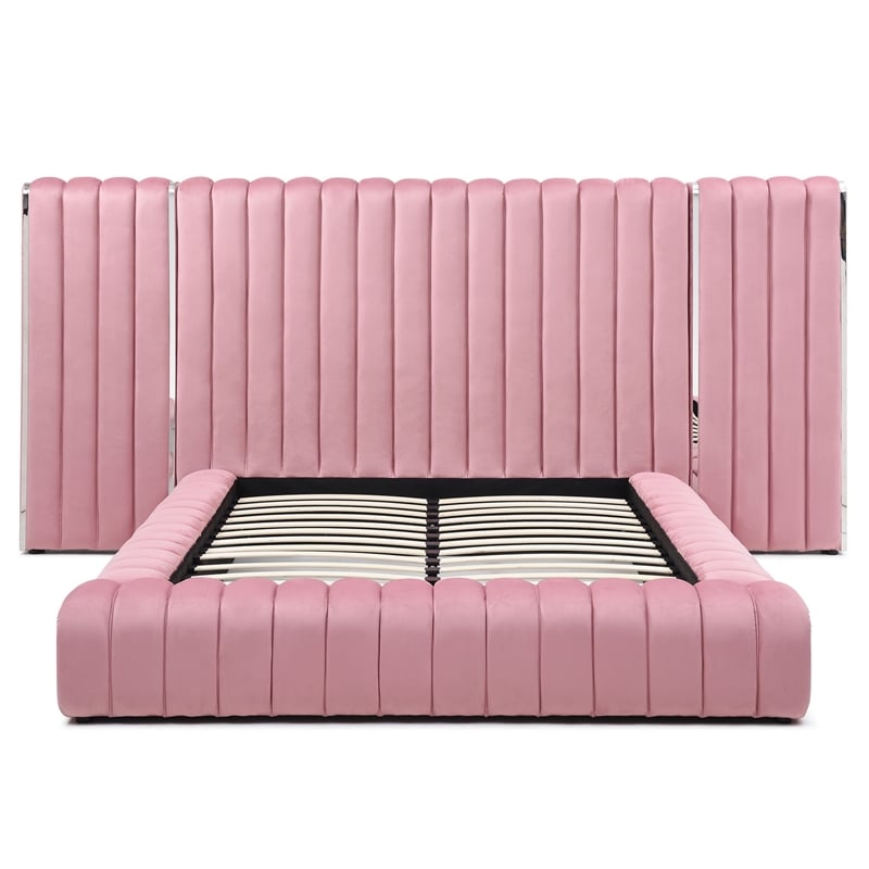 Pemberly Row Velvet Upholstered Queen Platform Bed with Wings in Pink