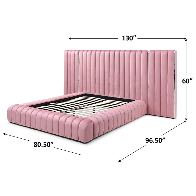 Pemberly Row Velvet Upholstered Queen Platform Bed with Wings in Pink