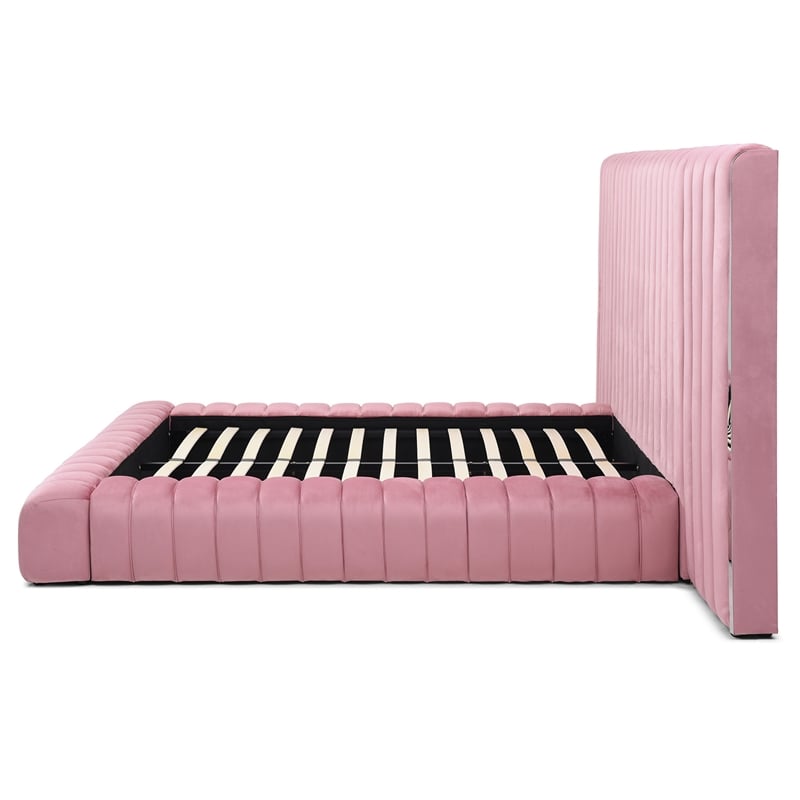 Pemberly Row Velvet Upholstered Queen Platform Bed with Wings in Pink