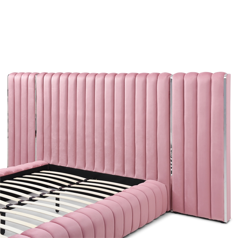Pemberly Row Velvet Upholstered Queen Platform Bed with Wings in Pink