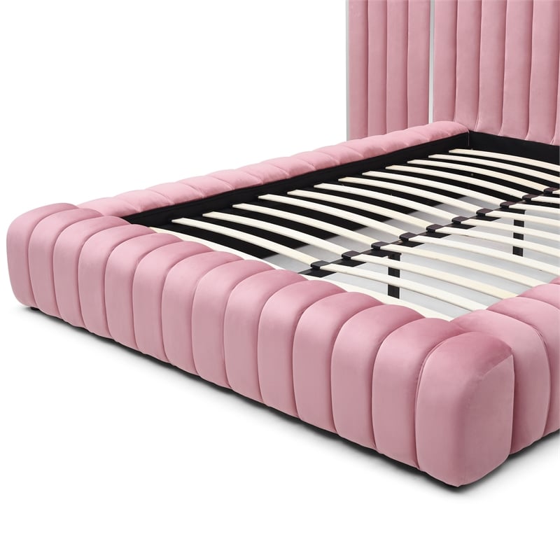 Pemberly Row Velvet Upholstered Queen Platform Bed with Wings in Pink