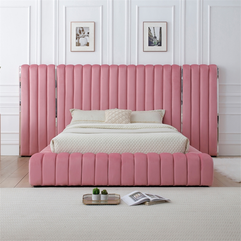 Pemberly Row Velvet Upholstered Queen Platform Bed with Wings in Pink