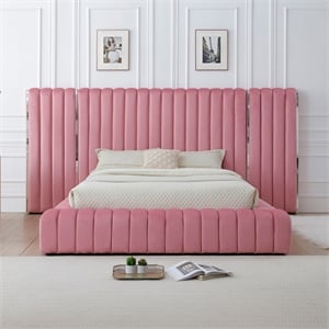 Pemberly Row Velvet Upholstered Queen Platform Bed with Wings in Pink