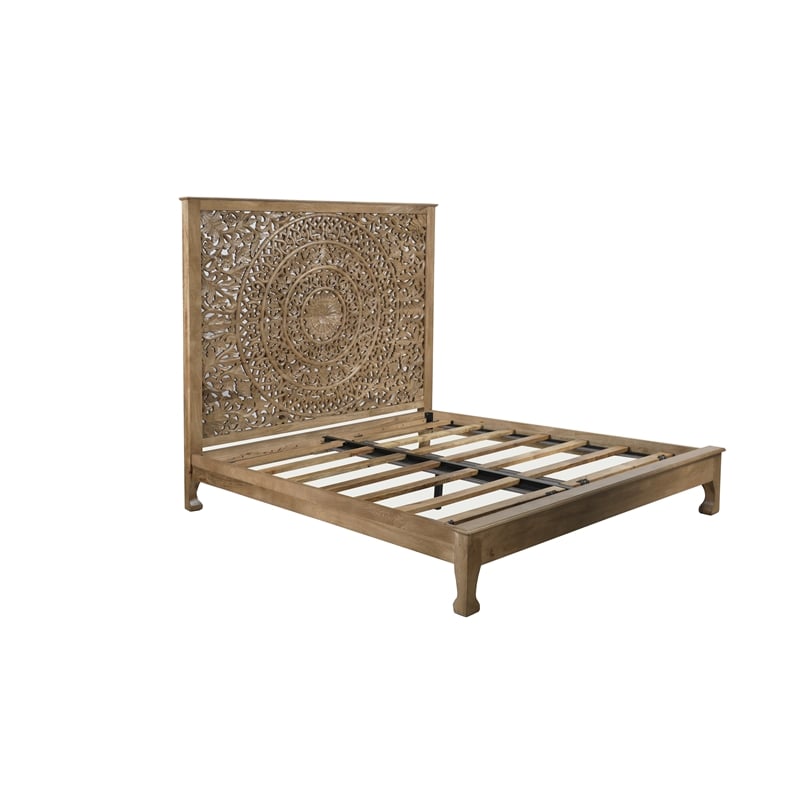 Pemberly Row Floral Carved Solid Wood King Panel Bed in Weathered Brown