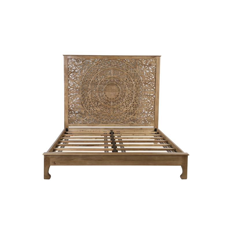 Pemberly Row Floral Carved Solid Wood King Panel Bed in Weathered Brown