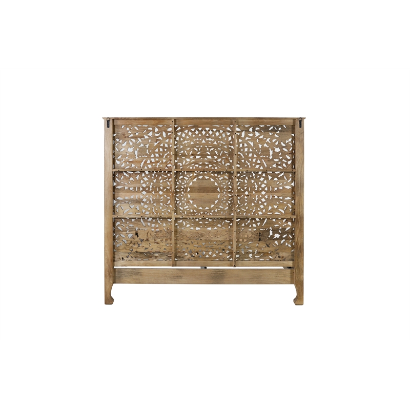 Pemberly Row Floral Carved Solid Wood King Panel Bed in Weathered Brown