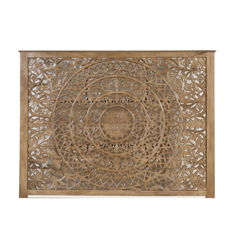 Pemberly Row Floral Carved Solid Wood King Panel Bed in Weathered Brown