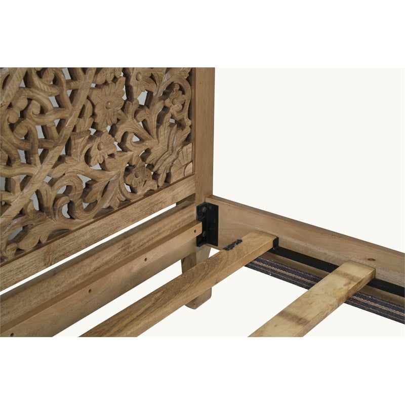 Pemberly Row Floral Carved Solid Wood King Panel Bed in Weathered Brown