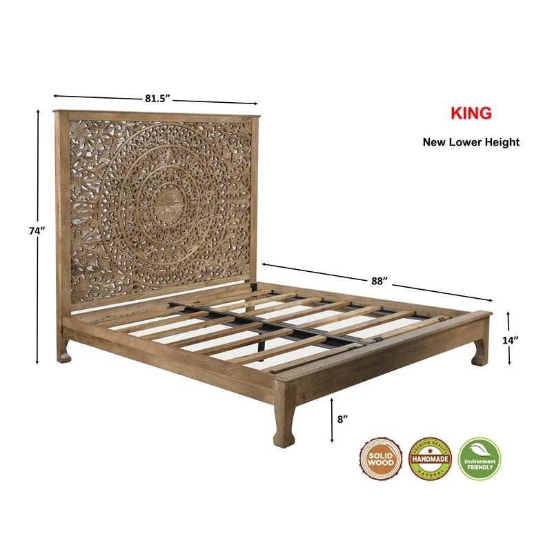 Pemberly Row Floral Carved Solid Wood King Panel Bed in Weathered Brown