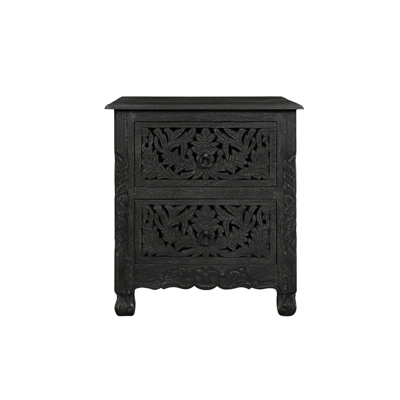 Pemberly Row 2-Drawer Floral Carved Solid Wood Nightstand in Black