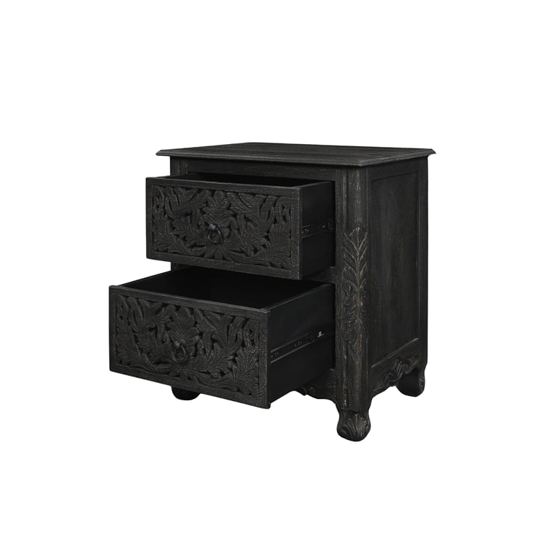 Pemberly Row 2-Drawer Floral Carved Solid Wood Nightstand in Black