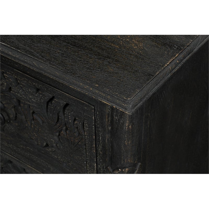 Pemberly Row 2-Drawer Floral Carved Solid Wood Nightstand in Black