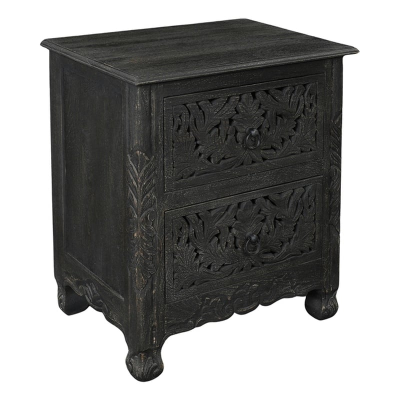 Pemberly Row 2-Drawer Floral Carved Solid Wood Nightstand in Black