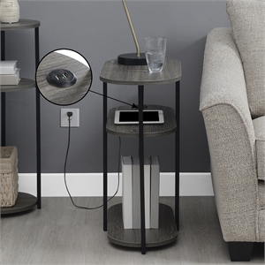 Pemberly Row 3-Tier Oval End Table with USB Ports in Grey Wood